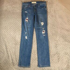 Gap Womens 29 Long Denim Blue Jeans Real Straight Distressed Plaid Patch Stretch